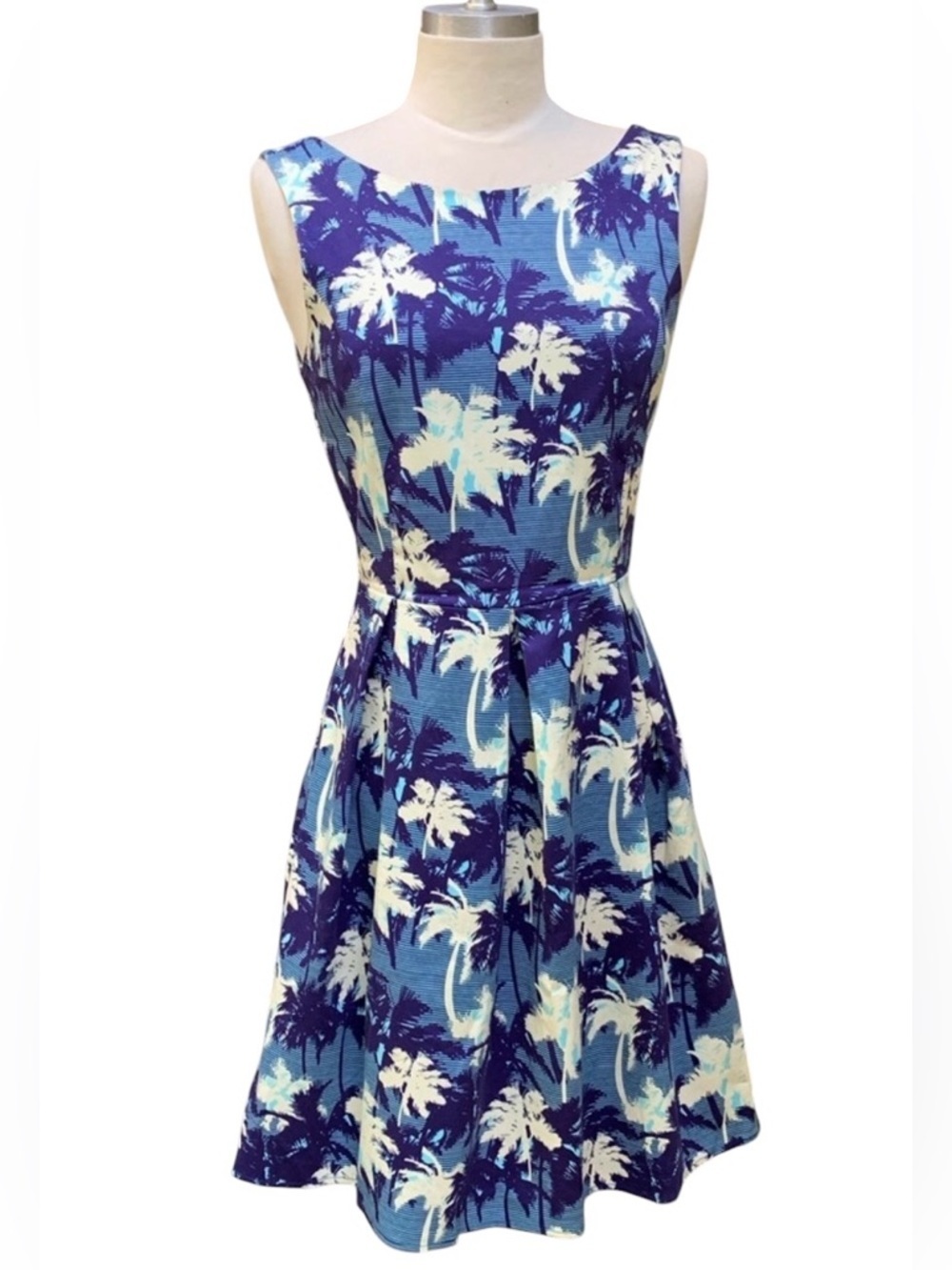 MODCLOTH IXIA Blue White Palm Tree Dress EUC